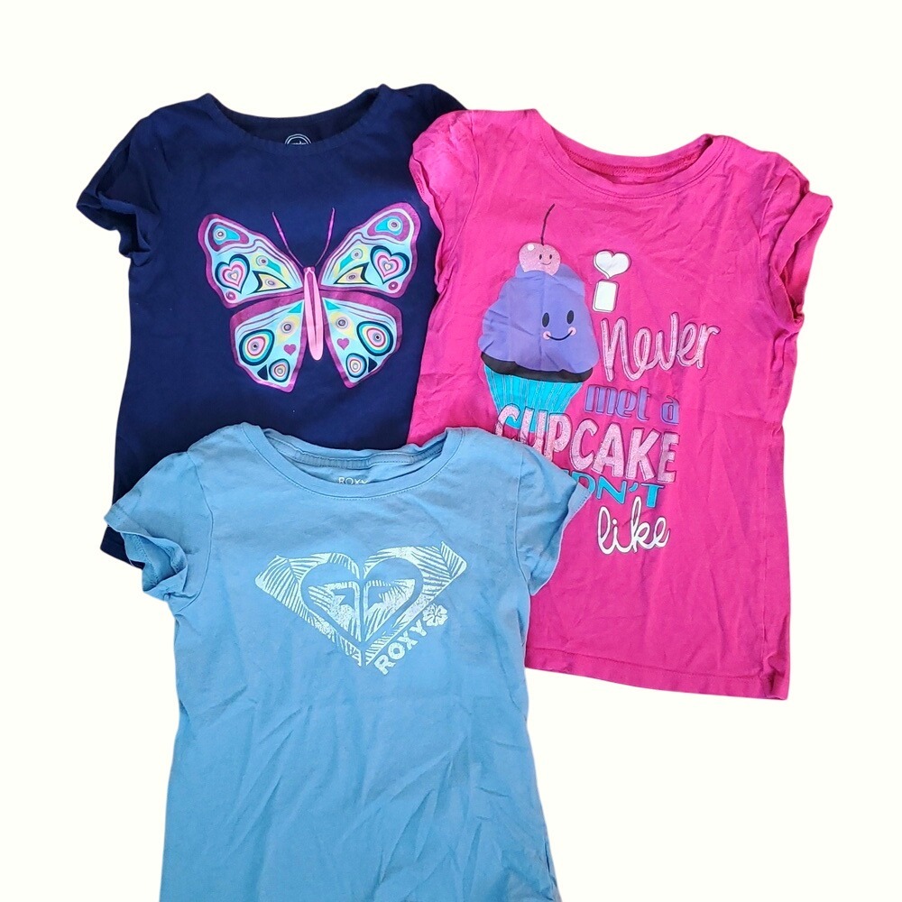 3 Pack Girls Short Sleeve Shirts Size 7- navy butterfly, pink cupcake, blue Roxy